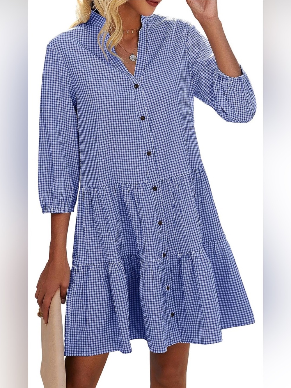 Blue Gingham Button-Front Tiered Dress